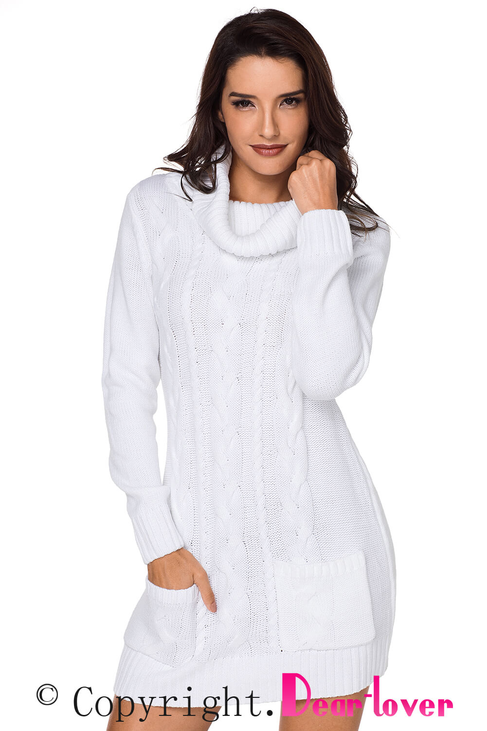 Olive Cowl Neck Cable Knit Sweater Dress