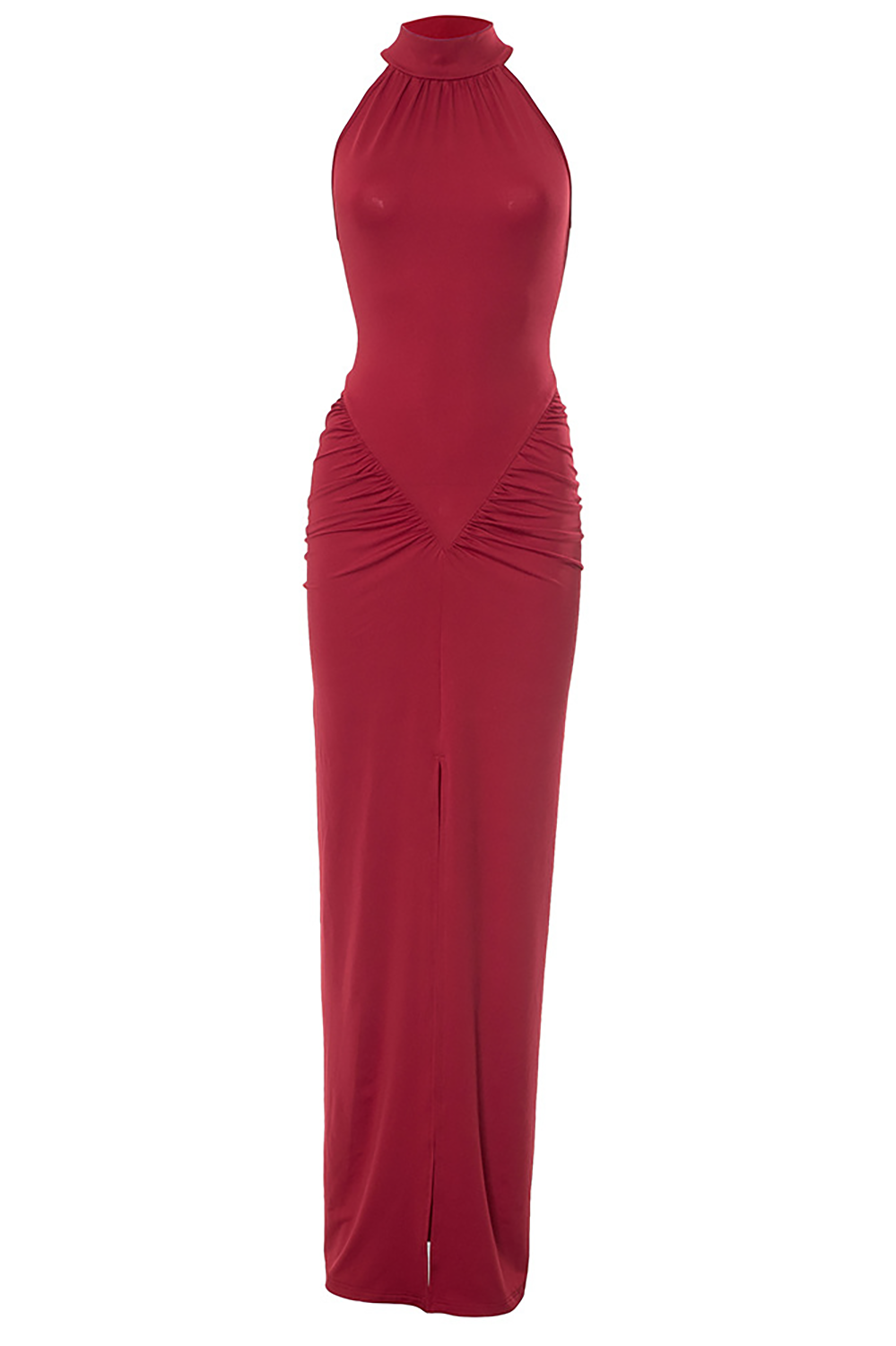 Sleeveless High Neck Ruched Slit Bodycon Maxi Dresses - Red