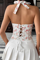 Lace Trim Floral Print Halter Neck Corset - White