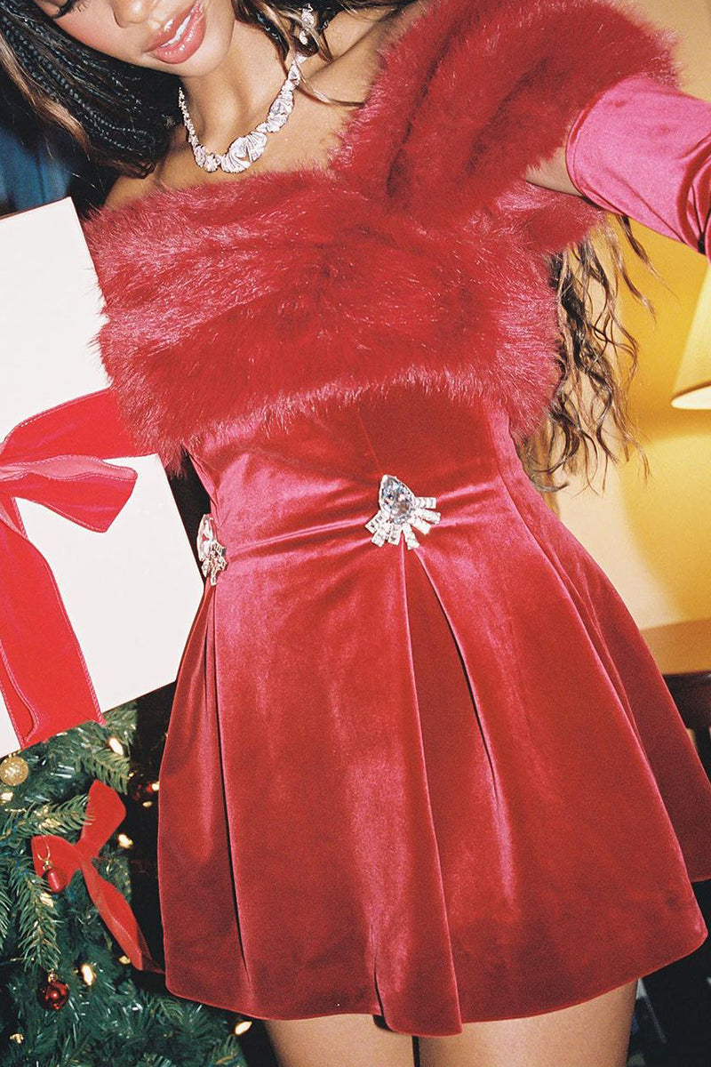 Off Shoulder Fuzzy Wrapped Rhinestone Pleated Party Velvet Mini Dresses - Red