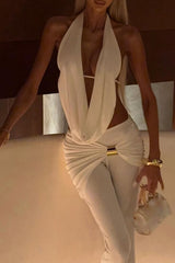 Halter Cowl Neckline Top Ruched Overlay Flared Leg Pants Set - White Pre Order