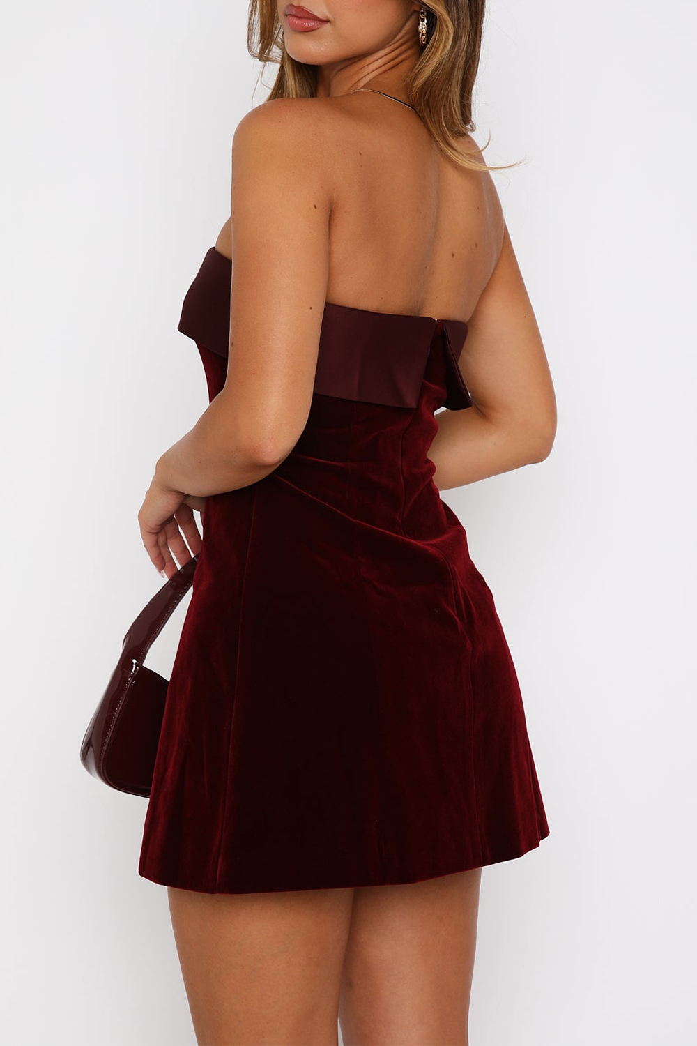 Boat Neck Strapless A - Line Velvet Mini Dresses - Burgundy