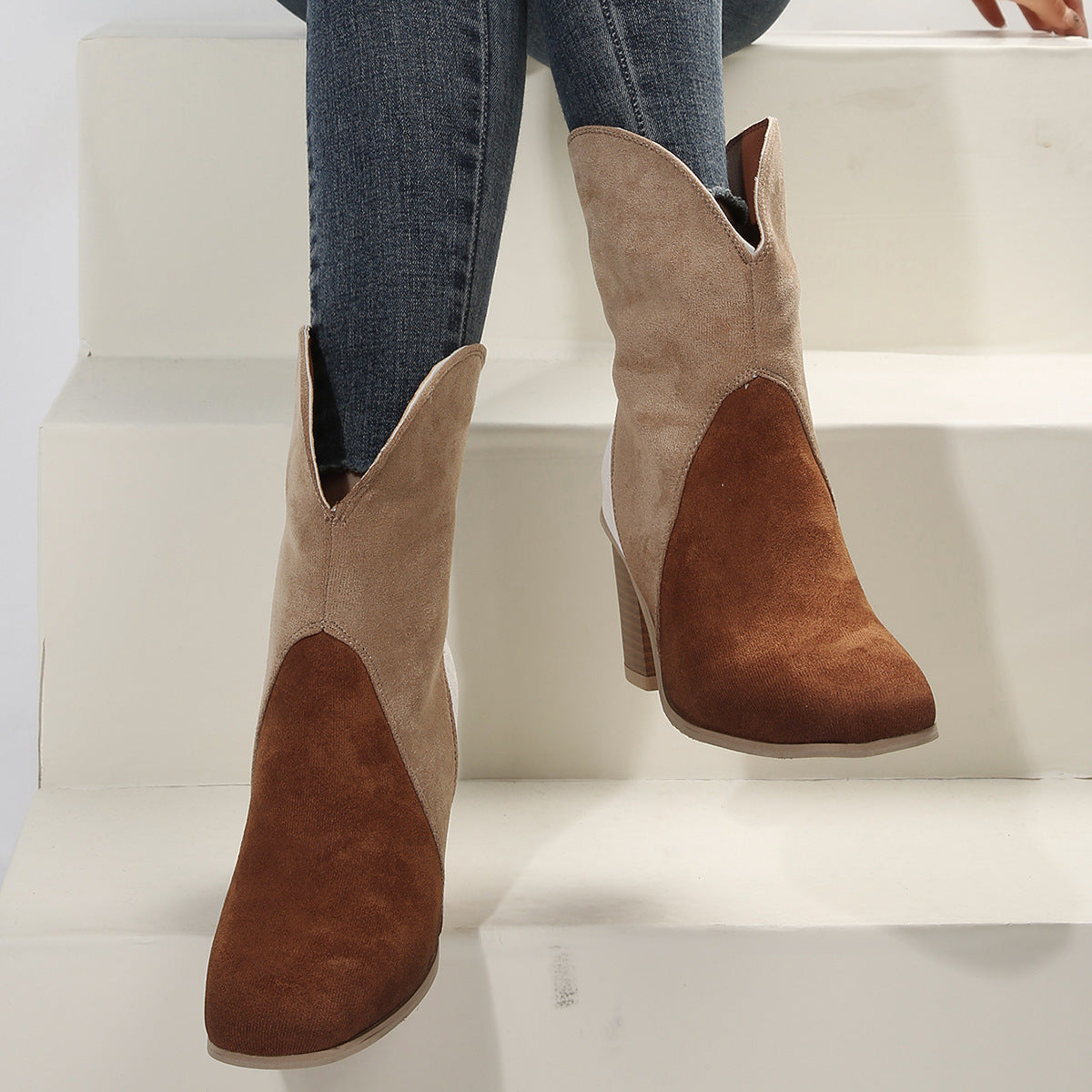 Botas de gamuza con empalme de moda, botas retro de punta puntiaguda y tacón alto cuadrado hasta la mitad de la pantorrilla para mujer, zapatos de otoño e invierno