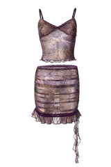 Mixed Print V Neck Crop Cami Ruched Bodycon Ruffled Mini Skirt Set - Brown