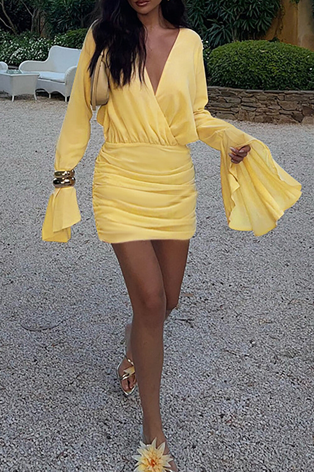 V Neck Flare Sleeve Solid Color Ruched Bodycon Mini Dresses - Yellow