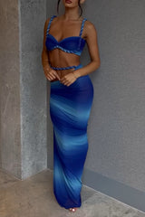 Braided Crop Cami Gradient Color Slim Fit Maxi Skirt 2pcs Set - Blue