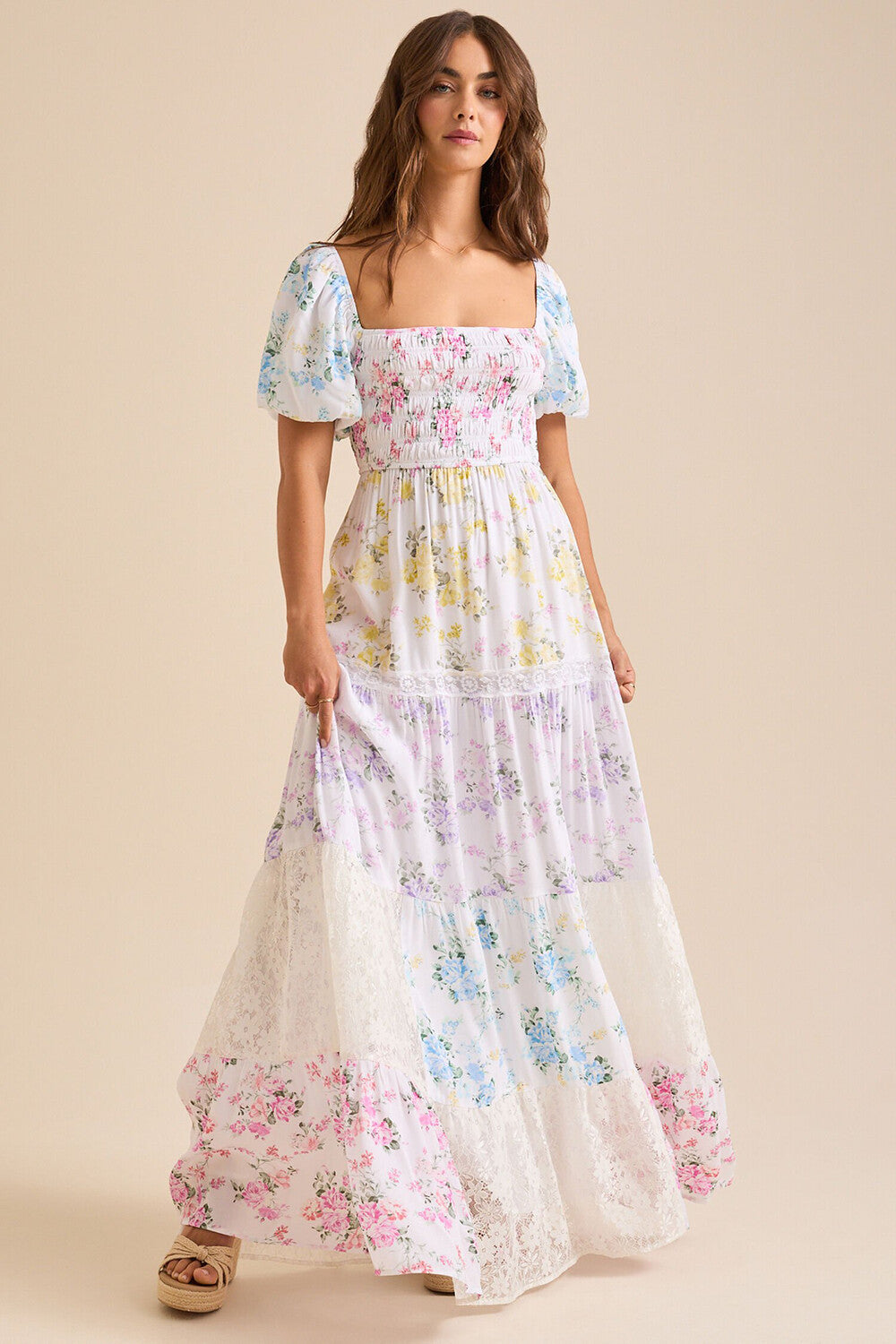 Ditsy Floral Print Puff Sleeve Lace Patchwork Maxi Dresses - White