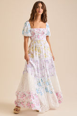 Ditsy Floral Print Puff Sleeve Lace Patchwork Maxi Dresses - White