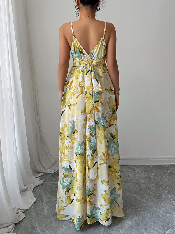 elegant suspender printed long dress