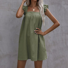 Sling dress loose ruffled solid color cotton and linen dress
