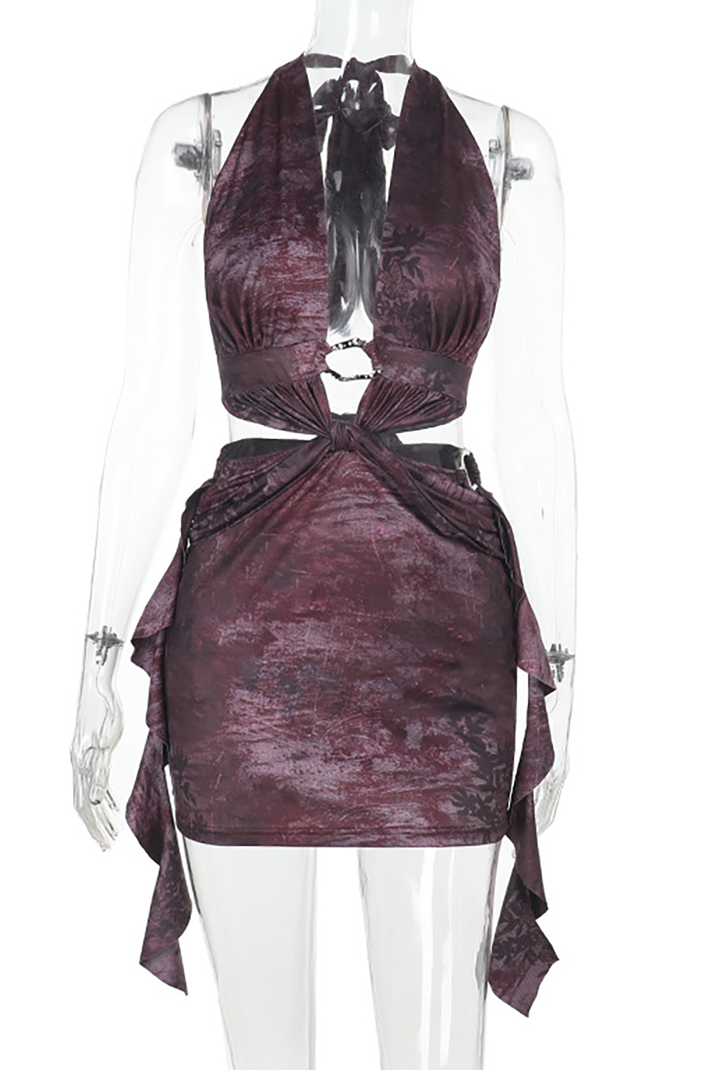 Pattern Print Deep V Neck Cutout Ruffled Sash Fitted Halter Mini Dresses - Purple