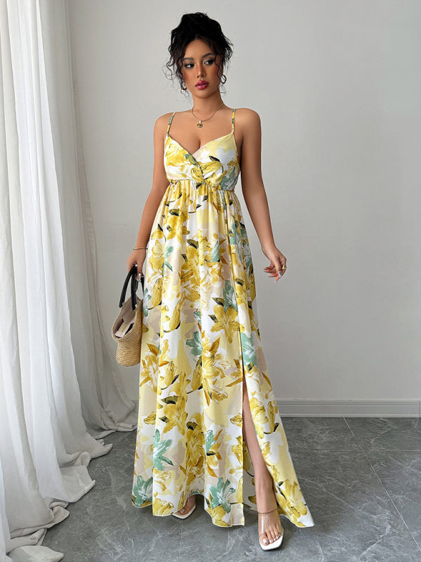 elegant suspender printed long dress