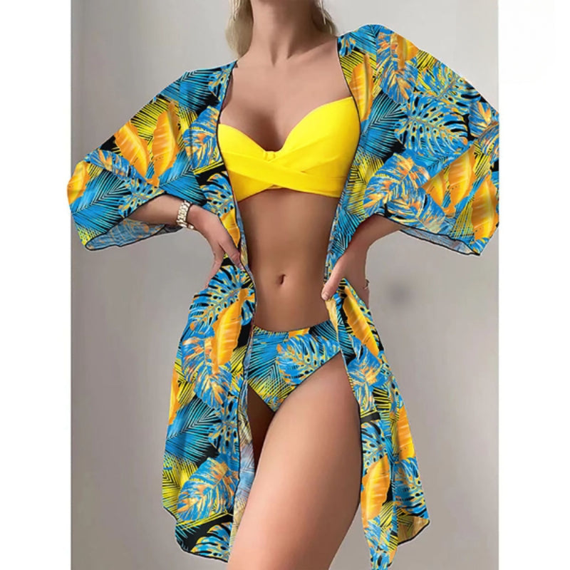 Mehrfarbiger dreiteiliger bedruckter Cover-Up-Bikini für Damen