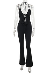 Front Tie Up Micro - Flared Leg Solid Color Halter Jumpsuit - Black
