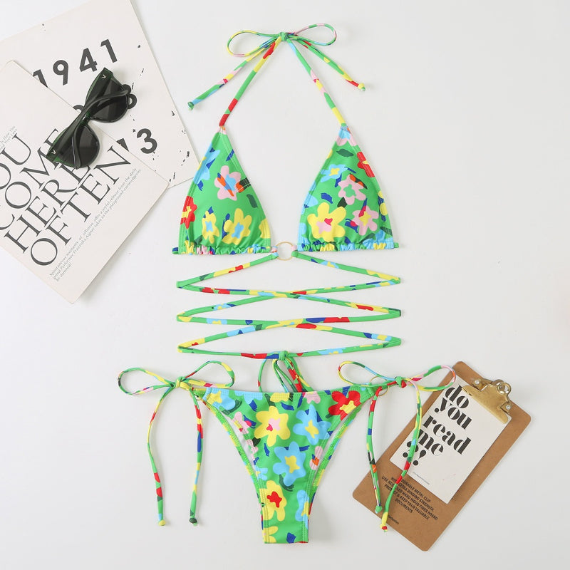 Floral Hollow Out Cross String Bikini Swimsuit Set