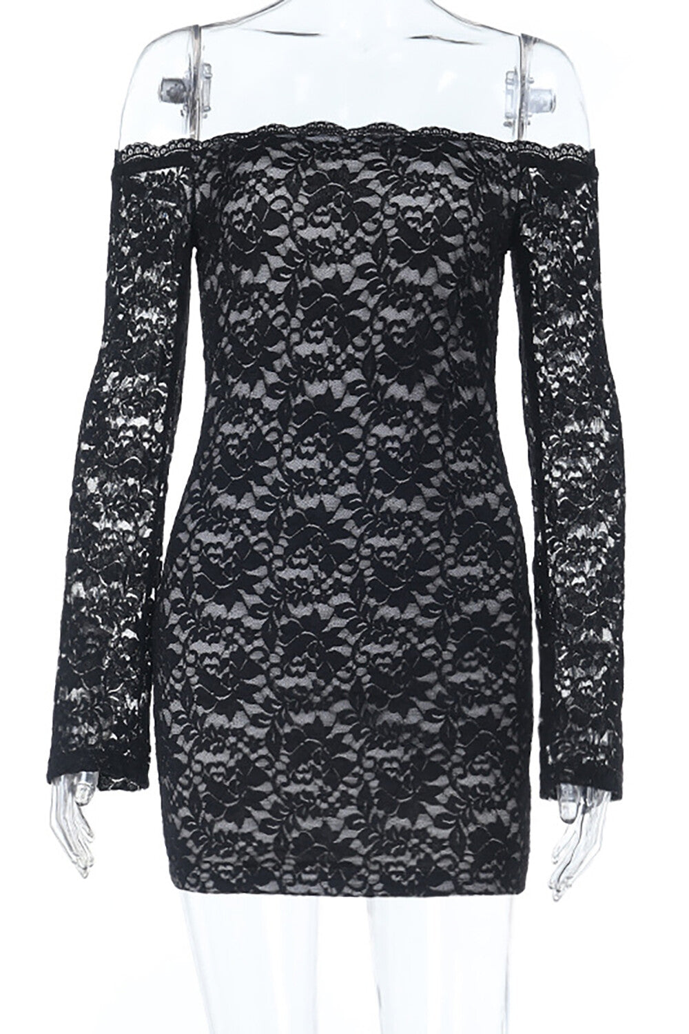 Off Shoulder Long Sleeve Floral Lace Bodycon Mini Dresses - Black