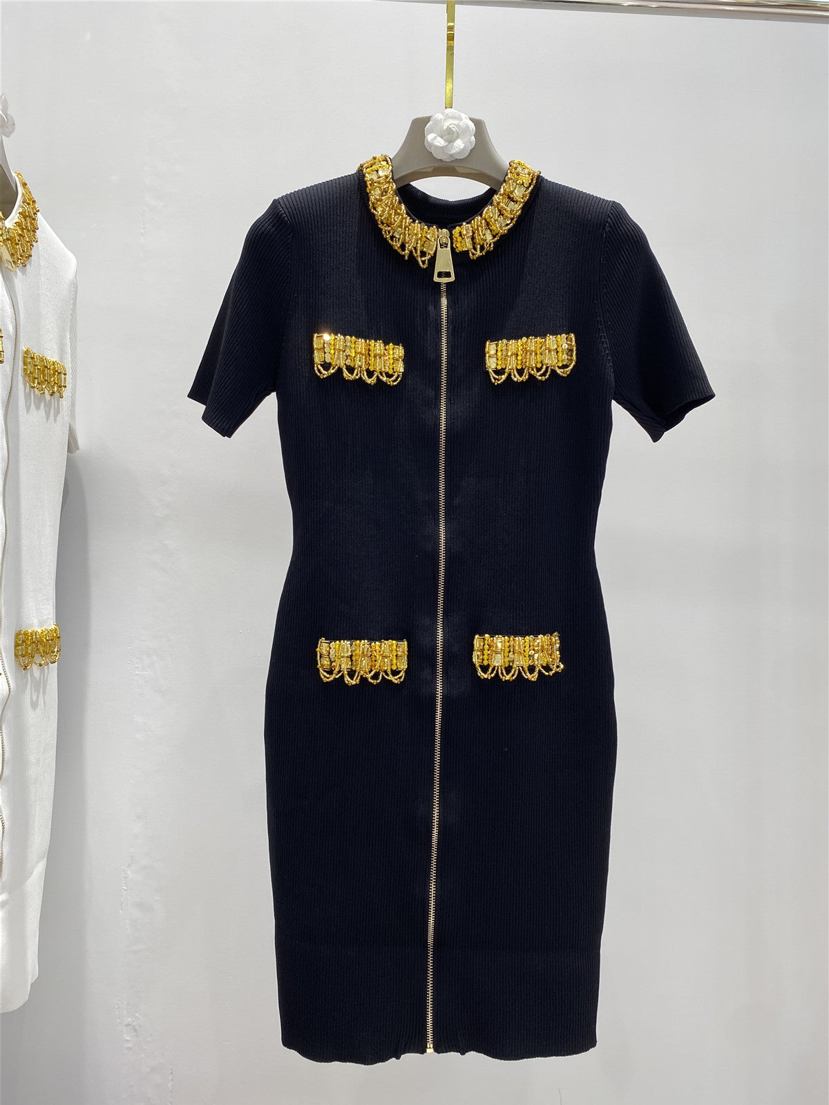 Golden nail bead sequin chain short sleeved dress with slim fit and goddess style