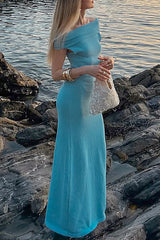 Knit Off Shoulder Draped Sleeve Solid Color Maxi Dresses - Blue