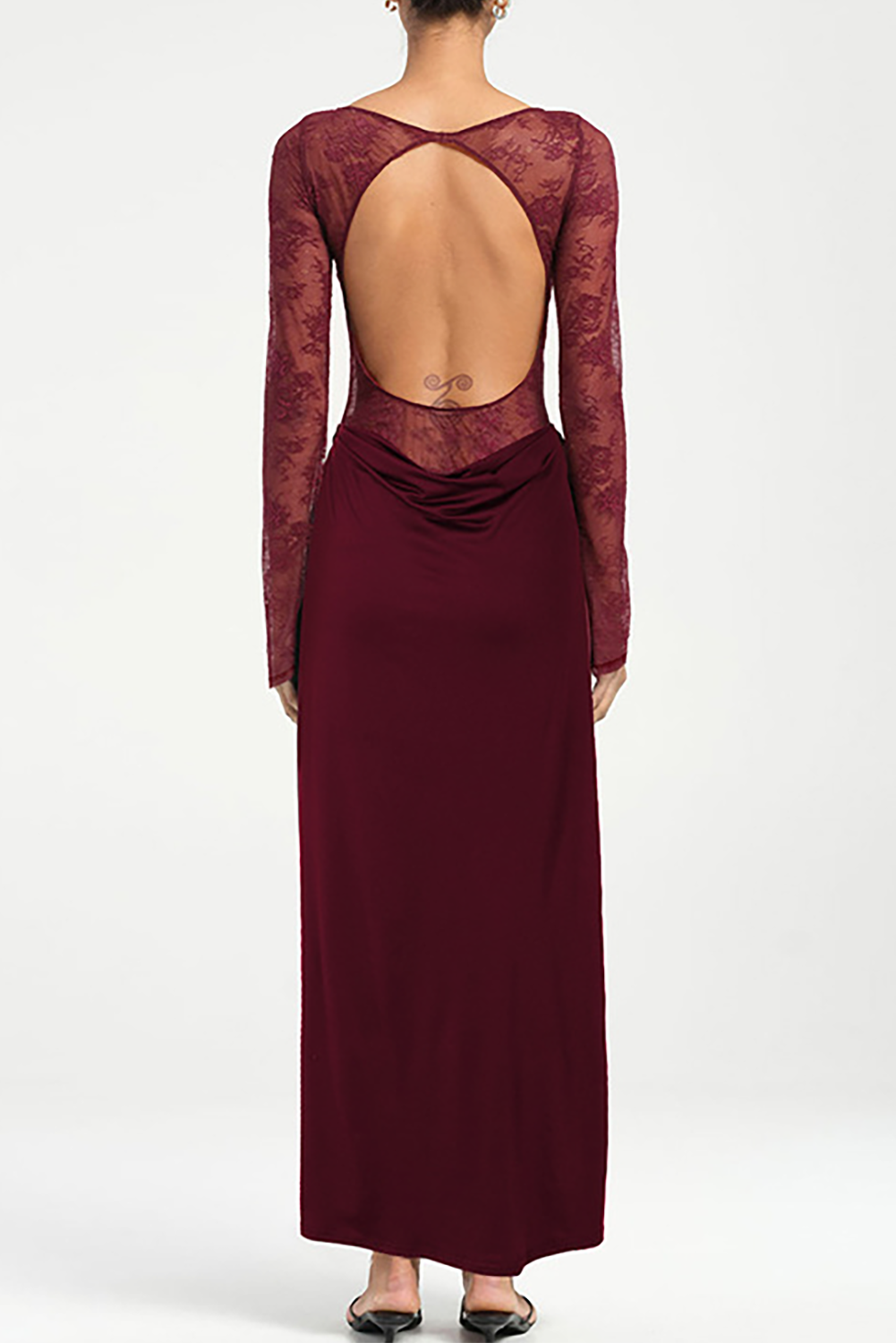 Floral Lace Patchwork Long Sleeve Ruched Slim Fit Maxi Dresses - Brown