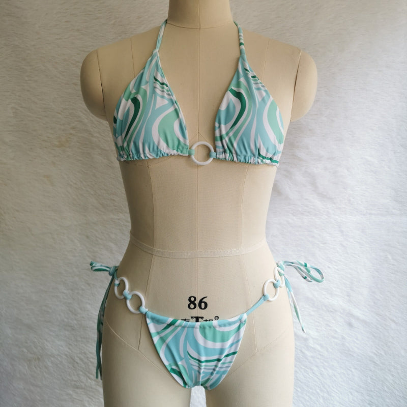 Bikini-Badeanzug-Set mit Blumenmuster, ausgehöhlt und gekreuzten Schnüren