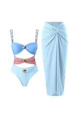 Cutout Colorblock Cami One - Piece Swimsuit Ruched Maxi Skirt 2pcs Set - Yellow