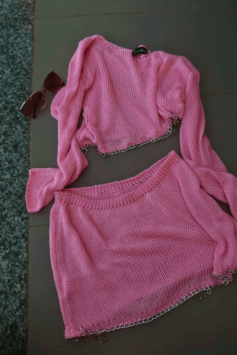 Irregular Hem Top Mini Skirt Knit Cover Ups 2 pcs Matching Set - Pink