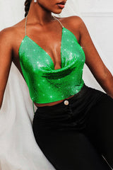 Cowl Neckline Sequin Party Shimmery Halter Crop Top - Gold