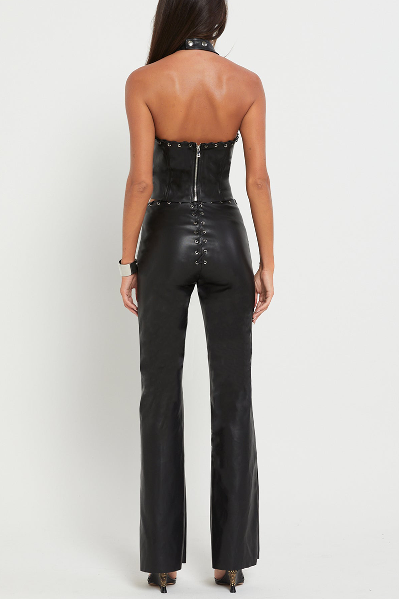 PU Leather Deep V Neck Crop Waistcoat Lace Up Straight Leg Pants Matching Set - Black