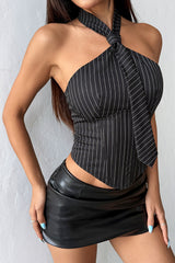 Halter Neck Tie Striped Print Casual Corset - Black