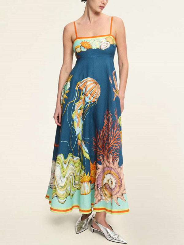 holiday swing graffiti cotton and linen sleeveless suspender dress