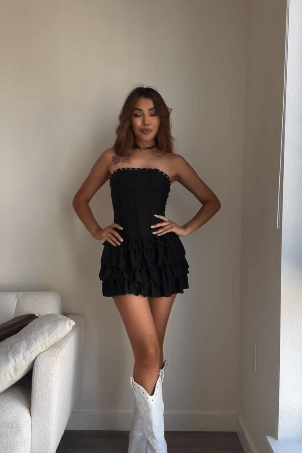Strapless Corset Tiered Ruffled Hem Mini Dresses - Black
