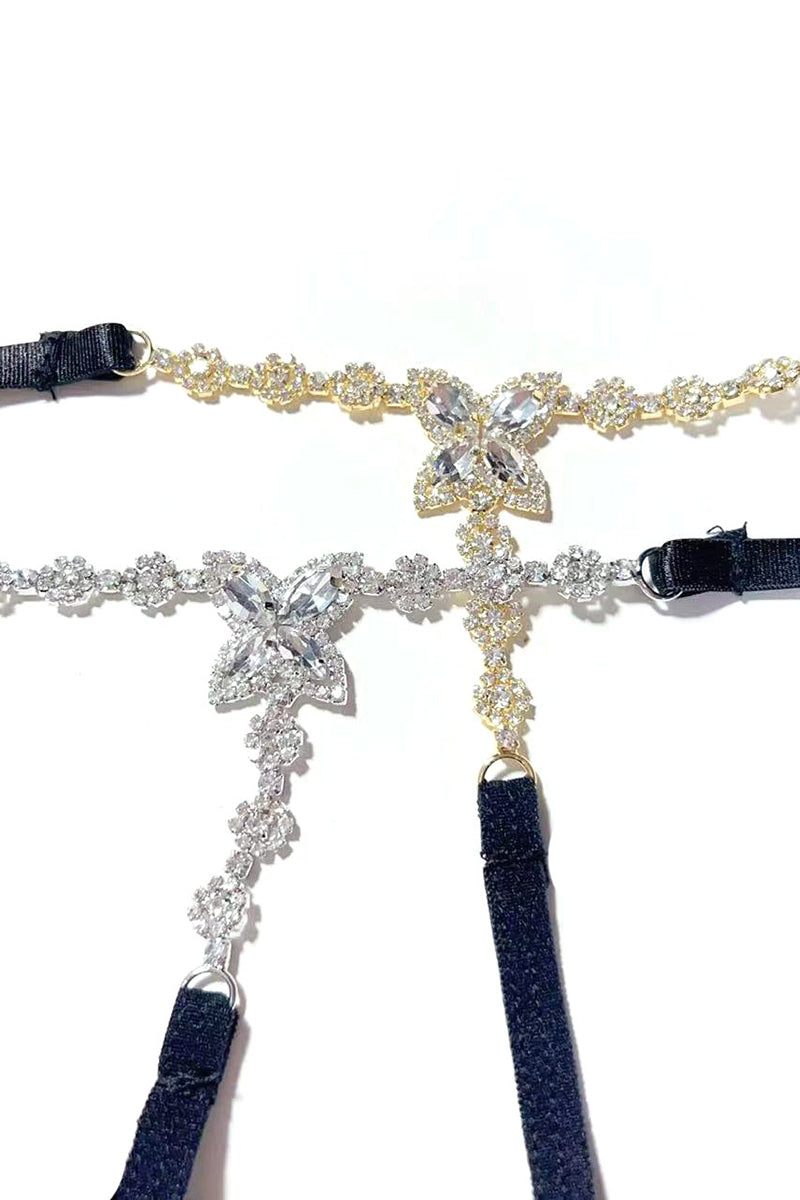 Flower Butterfly Shaped Rhinestone Decor Body Chain - Gold