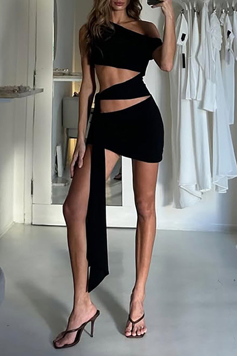 Off Shoulder Cutout Slim Fit Tie Up Streamer Sleeveless Mini Dresses - Black