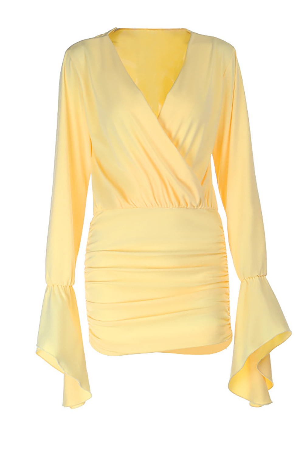V Neck Flare Sleeve Solid Color Ruched Bodycon Mini Dresses - Yellow