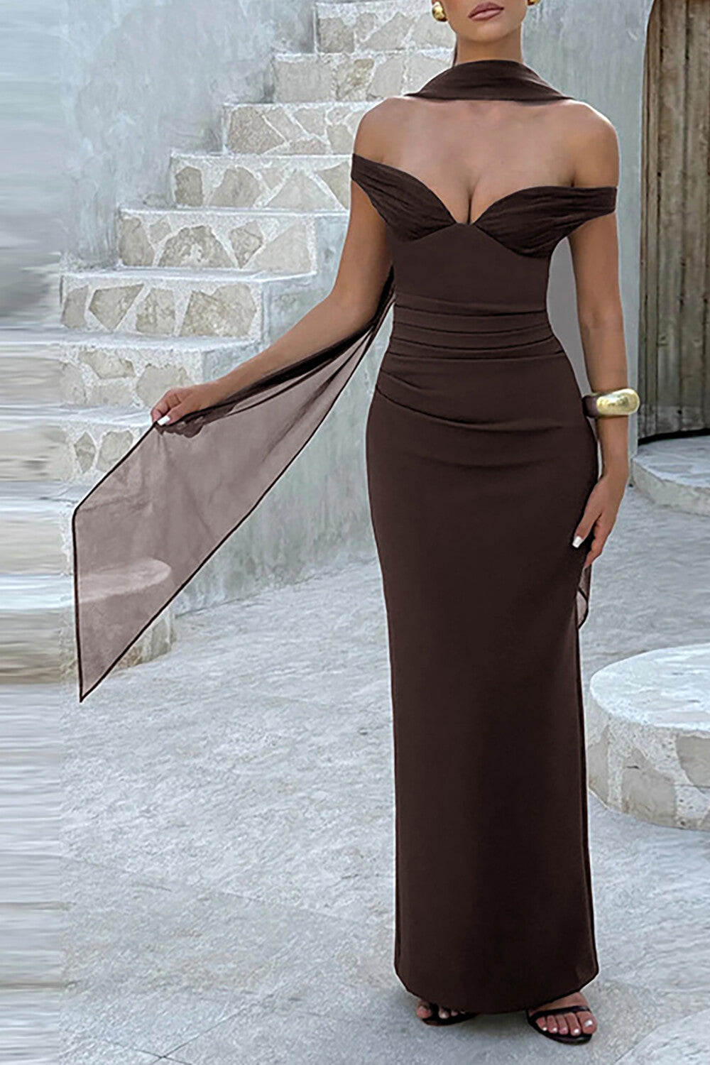 Off Shoulder V Neckline Ruched Slim Fit Solid Color Maxi Dresses - Pink