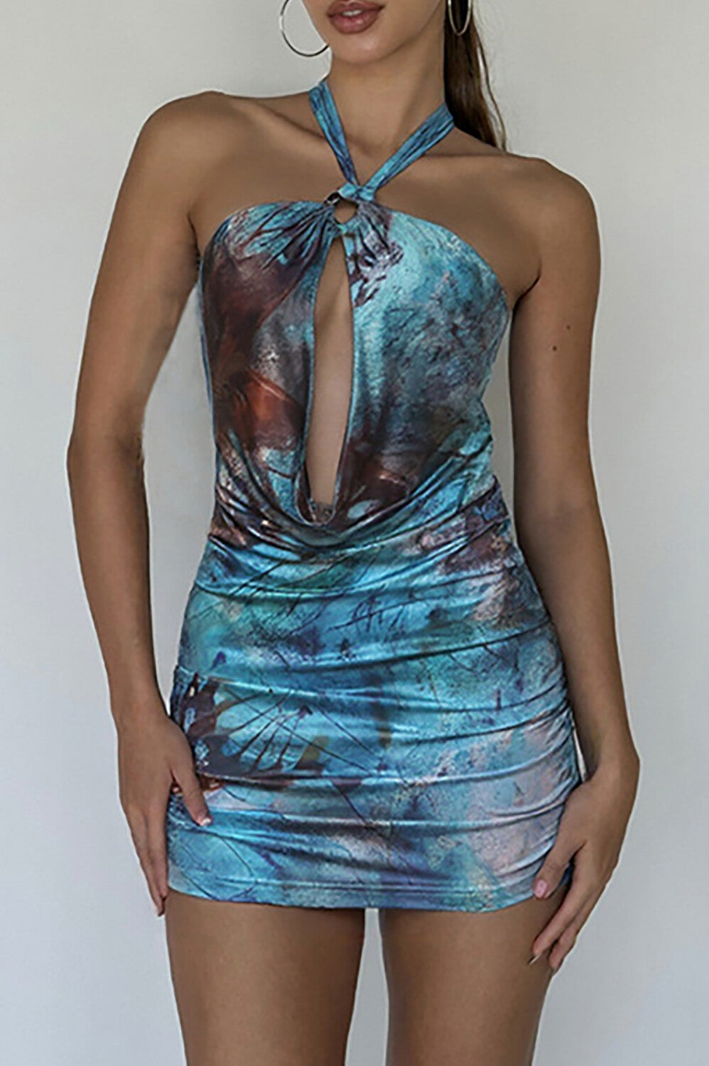 Dyeing Print Halter Neck Cutout Ruched Bodycon Mini Dresses - Blue