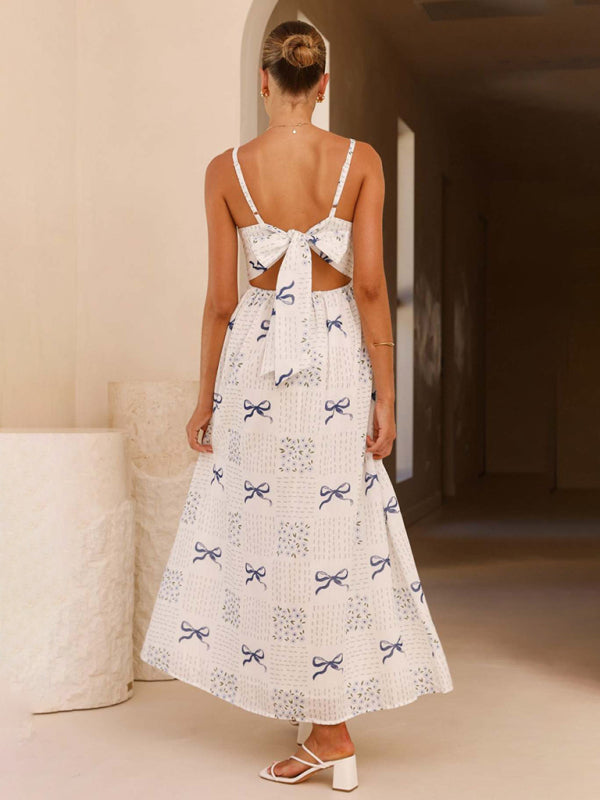 V-neck waist holiday backless bow print dress