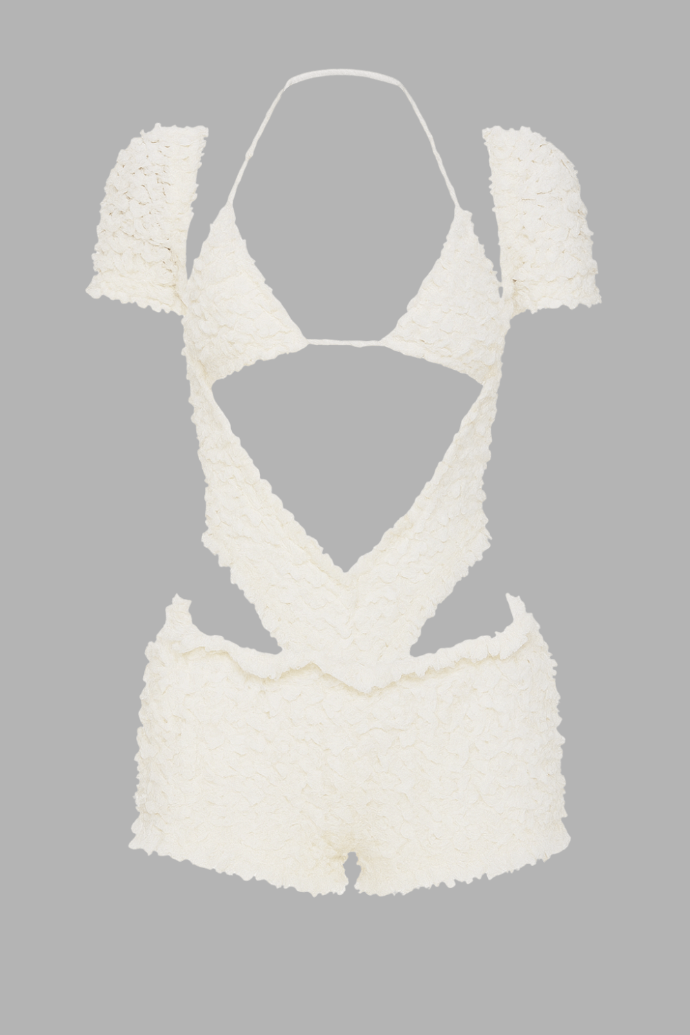 Cutout Frilled Lace Short Sleeve Playsuit Romper Bra 2pcs Set - Ivory