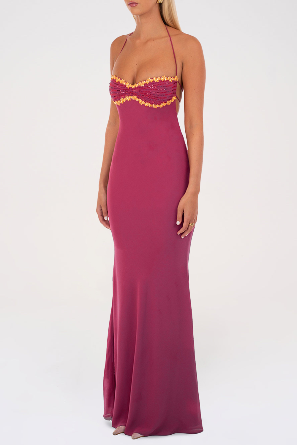 Floral Trim Sequin Beady Solid Color Halter Maxi Dresses - Fuchsia Pre Order