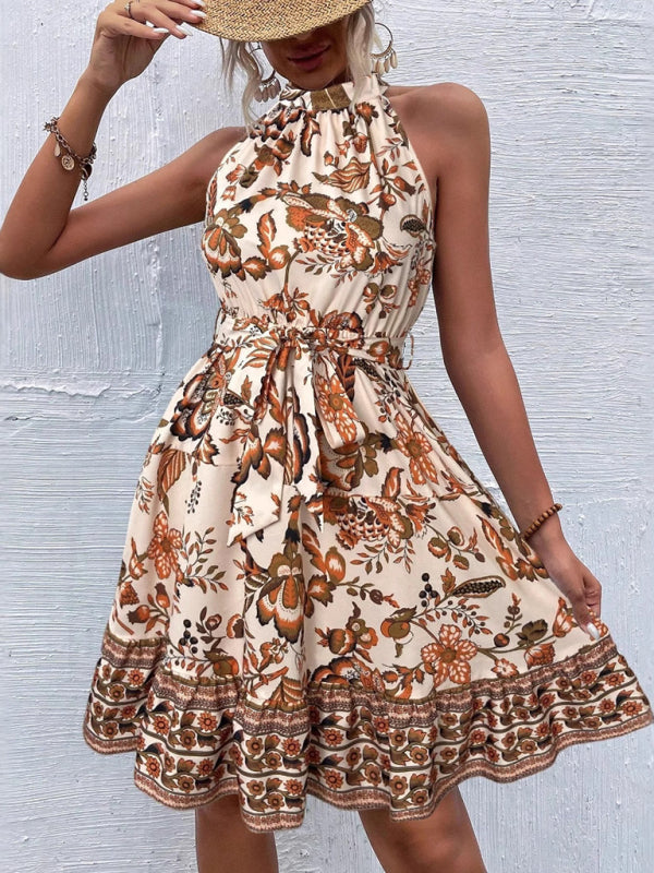 floral waist halter neck dress