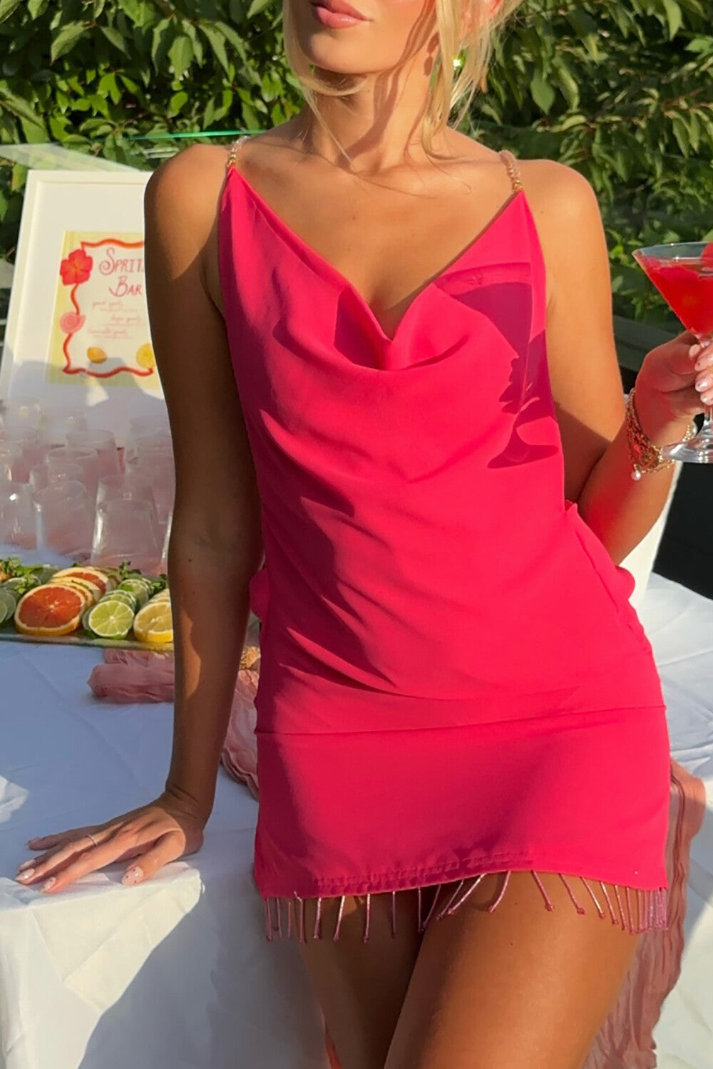 Cowl Neckline Bodycon Backless Fringed Slip Mini Dresses - Fuchsia Pre Order