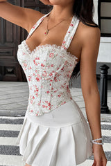 Lace Trim Floral Print Halter Neck Corset - White