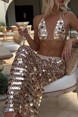 Sequin Decor Knit Halter Bra Fitted Maxi Skirt 2pcs Set - Champagne