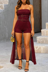 Belted Mesh Overlay Strapless Playsuit Romper 2pcs Set - Burgundy Pre Order
