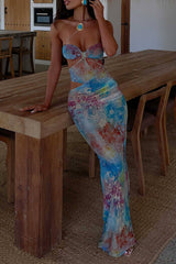 Floral Print Strapless Cutout Bodycon Maxi Dresses - Blue