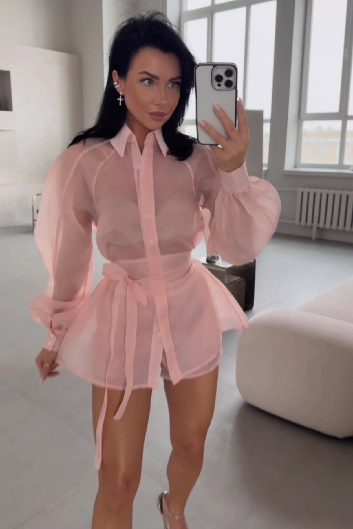 Lantern Sleeve See Through Tie Up Blouse Shorts Matching Set - Blue