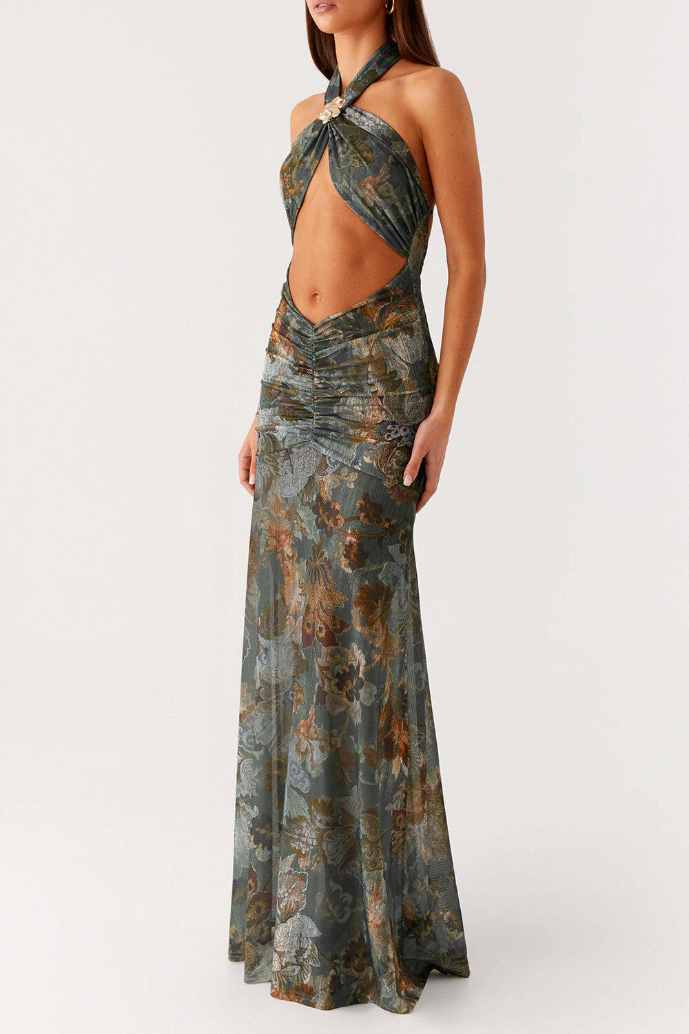 Bare Midriff Floral Pattern Slim Fit Halter Maxi Dresses - SteelBlue Pre Order