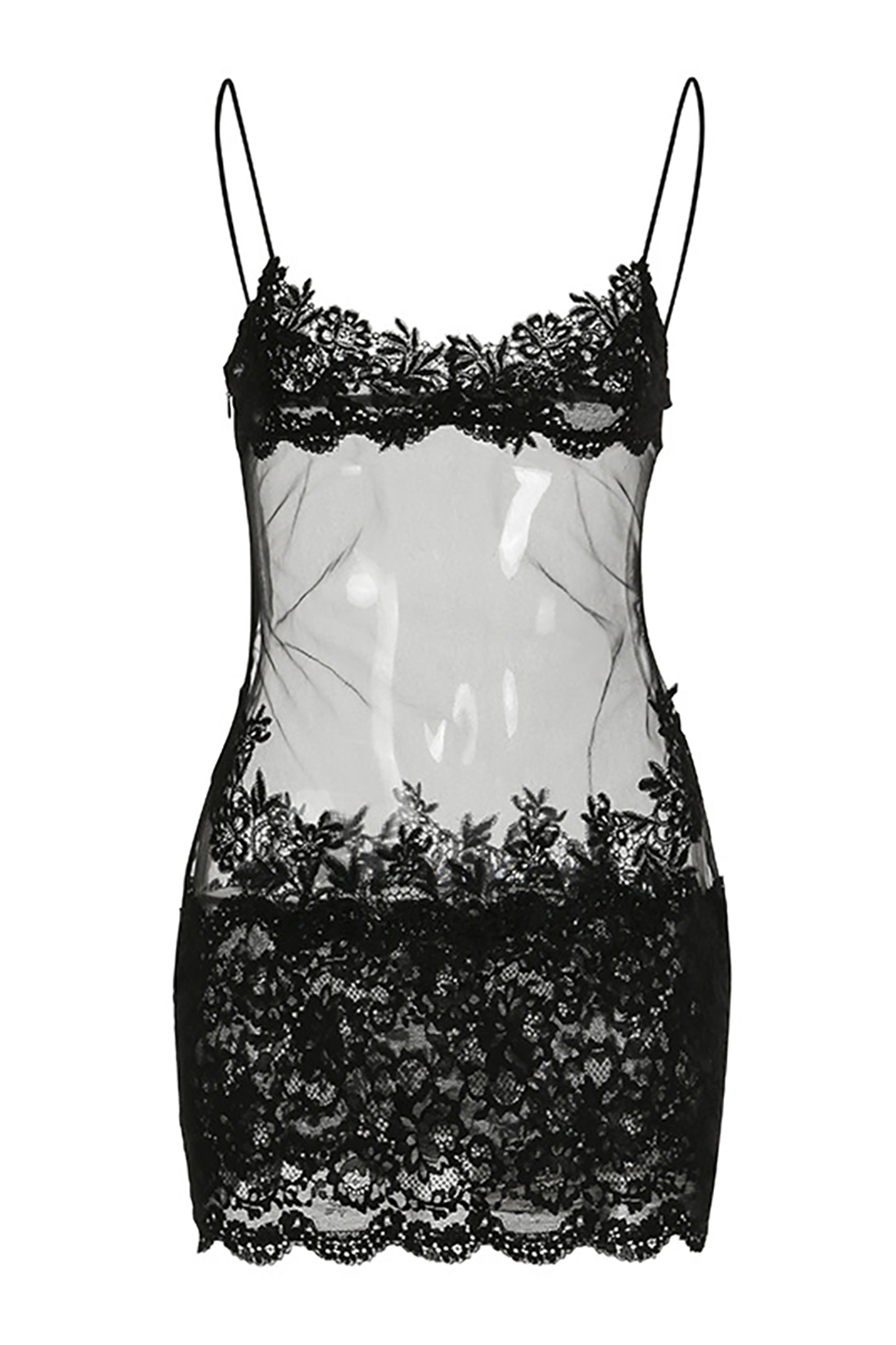 Lace Patchwork V Neck See Through Mesh Mini Slip Dresses - Black