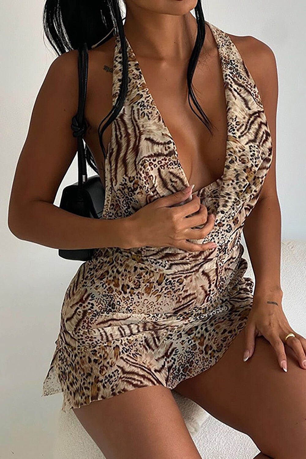 Animal Print Cowl Neckline Halter Slim Fit Tie Up Ruched Mini Dresses - White