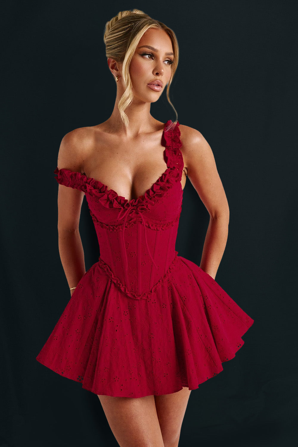 Frilled Trim Off Shoulder Corset Pleated A - Line Mini Dresses - Red